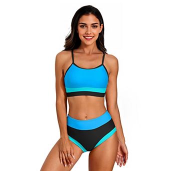 Charmo Women Sporty Colorblock High Waist Adjustable Strap Two Piece Bikini Set