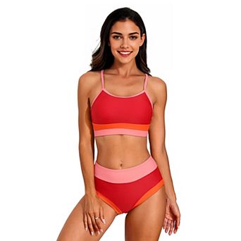 Charmo Women Sporty Colorblock High Waist Adjustable Strap Two Piece Bikini Set