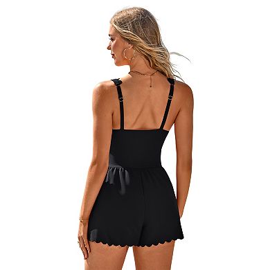 Charmo Women Soft Ribbed Scallop Hem Romper Swimsuit with Pockets