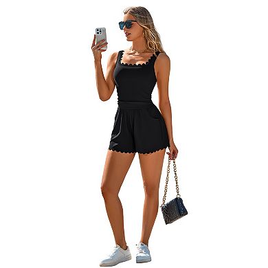Charmo Women Soft Ribbed Scallop Hem Romper Swimsuit with Pockets