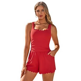 Charmo Women Soft Ribbed Scallop Hem Romper Swimsuit with Pockets