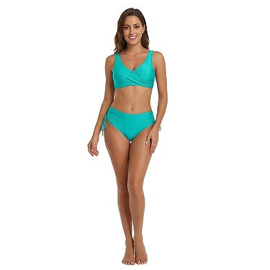Charmo Women Flattering Wrap Front High Waist Side Drawstring Two Piece Bikini Set