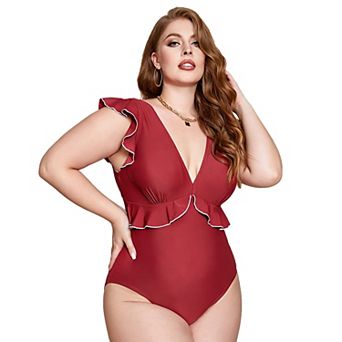 Charmo Women Chic Contrast Trim Ruffle Back Tie Plus Size One Piece Swimsuit