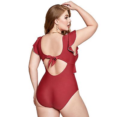 Charmo Women Chic Contrast Trim Ruffle Back Tie Plus Size One Piece Swimsuit