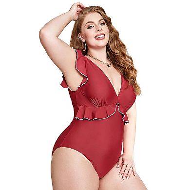 Charmo Women Chic Contrast Trim Ruffle Back Tie Plus Size One Piece Swimsuit