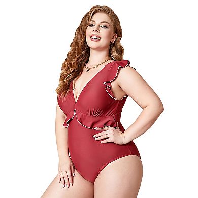 Charmo Women Chic Contrast Trim Ruffle Back Tie Plus Size One Piece Swimsuit