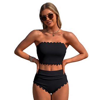 Charmo Women Elegant Ribbed Scallop Edge Detachable Strap High Waist Two Piece Bikini Set