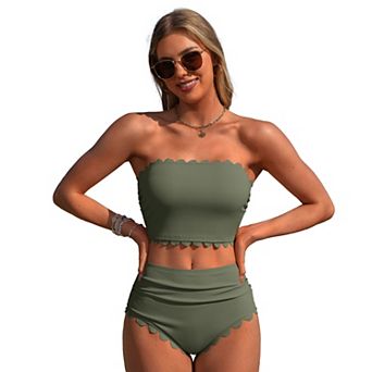 Charmo Women Elegant Ribbed Scallop Edge Detachable Strap High Waist Two Piece Bikini Set