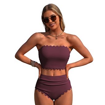 Charmo Women Elegant Ribbed Scallop Edge Detachable Strap High Waist Two Piece Bikini Set