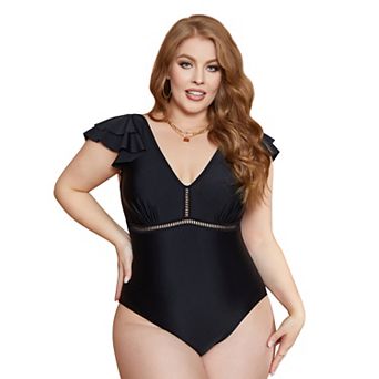 Charmo Women Glam Eyelet Cutout Ruffle Sleeve Back Tie Plus Size One Piece Swimsuit