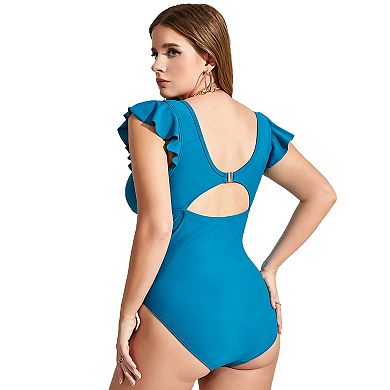 Charmo Women Bright Keyhole Front Ruffle Sleeve Side Ruched Plus Size One Piece Swimsuit