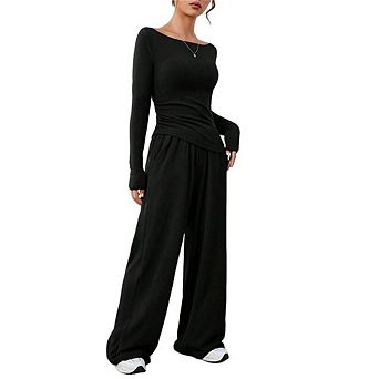 Women's 2 pc Outfits Lounge Sets Long Sleeve Tops Wide Leg Pants Casual Matching Set