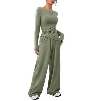 Women's 2 pc Outfits Lounge Sets Long Sleeve Tops Wide Leg Pants Casual Matching Set
