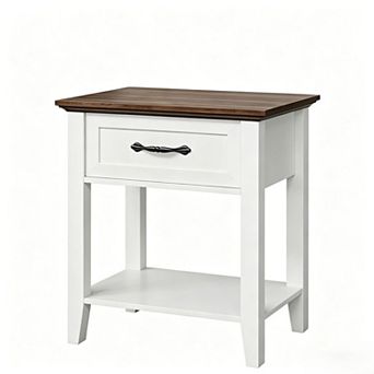 Wood Bedside Table with Drawer and Storage Shelf