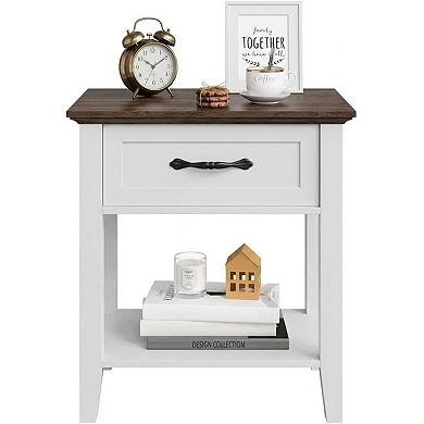 Wood Bedside Table with Drawer and Storage Shelf