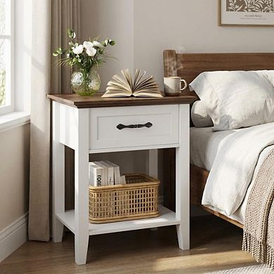 Wood Bedside Table with Drawer and Storage Shelf
