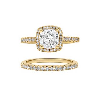 PRIMROSE 14k Gold Flash Plated Lab-Created Moissanite Cushion & Round Stackable Band Ring Duo Set