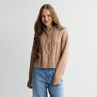 Juniors' SO® Cable Quarter Zip Sweater