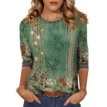 Zeagoo Women's 3/4 Sleeve Tunic Top, Dressy Crew Neck Floral Print T-Shirt, Casual Basic Blouse