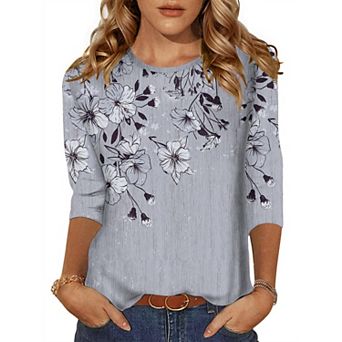 Zeagoo Women's 3/4 Sleeve Tunic Top, Dressy Crew Neck Floral Print T-Shirt, Casual Basic Blouse