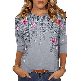 Zeagoo Women's 3/4 Sleeve Tunic Top, Dressy Crew Neck Floral Print T-Shirt, Casual Basic Blouse