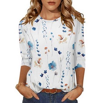 Zeagoo Women's 3/4 Sleeve Tunic Top, Dressy Crew Neck Floral Print T-Shirt, Casual Basic Blouse