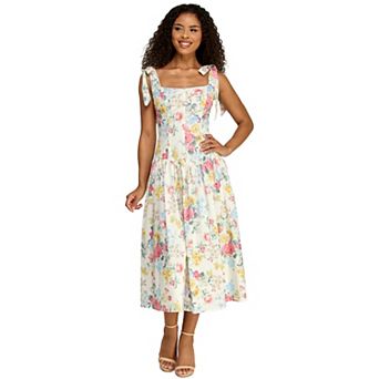 Juniors' B. Smart Wide Strap Tie Trim Midi Dress with Floral Print & Pockets