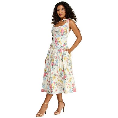 Juniors' B. Smart Wide Strap Tie Trim Midi Dress with Floral Print & Pockets