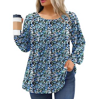 Zeagoo Women's Plus Size Long Sleeve Tunic Tops Pleated Crew Neck Shirts Casual Loose Fall T-Shirt