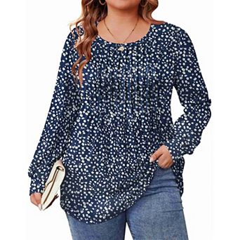 Zeagoo Women's Plus Size Long Sleeve Tunic Tops Pleated Crew Neck Shirts Casual Loose Fall T-Shirt