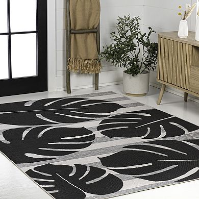 Allison Classic Beach Stripe and Monstera Leaf Indoor/Outdoor Area Rug
