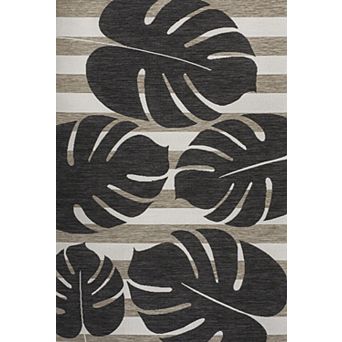 Allison Classic Beach Stripe and Monstera Leaf Indoor/Outdoor Area Rug