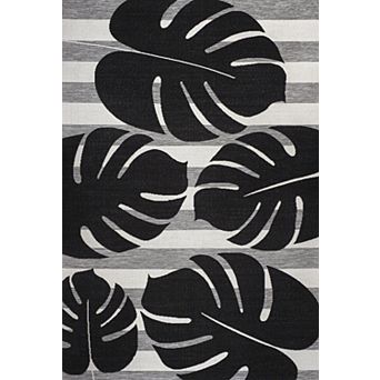 Allison Classic Beach Stripe and Monstera Leaf Indoor/Outdoor Area Rug