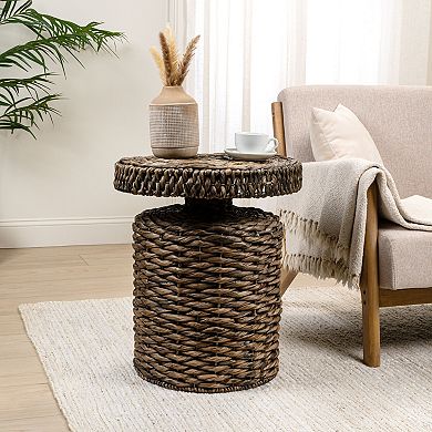 Marisol Coastal Bohemian Handwoven Water Hyacinth Round Accent Side Table