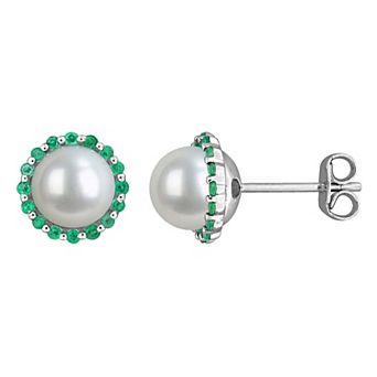 Stella Grace Rhodium Over Sterling Silver Freshwater Cultured Pearl & Gemstone Halo Stud Earrings