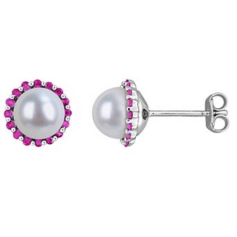 Stella Grace Rhodium Over Sterling Silver Freshwater Cultured Pearl & Gemstone Halo Stud Earrings