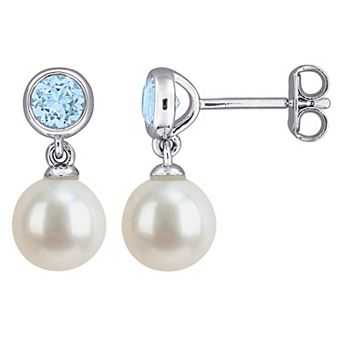 Stella Grace Rhodium Over Sterling Silver Freshwater Cultured Pearl & Gemstone Station Drop Earrings