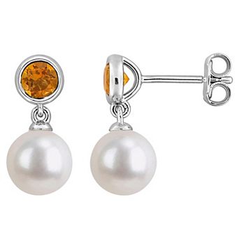 Stella Grace Rhodium Over Sterling Silver Freshwater Cultured Pearl & Gemstone Station Drop Earrings