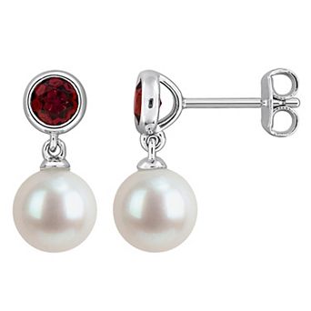 Stella Grace Rhodium Over Sterling Silver Freshwater Cultured Pearl & Gemstone Station Drop Earrings