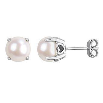 Stella Grace Rhodium Over Sterling Silver Freshwater Cultured Pearl Button Stud Earrings