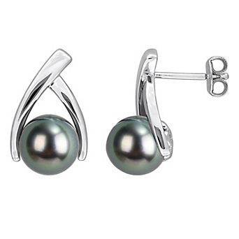 Stella Grace Rhodium Over Sterling Silver Black Tahitian Cultured Pearl Drop Earrings