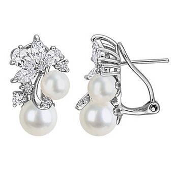 Stella Grace Rhodium Over Sterling Silver Freshwater Pearl & Lab-Created White Sapphire Cluster Earrings
