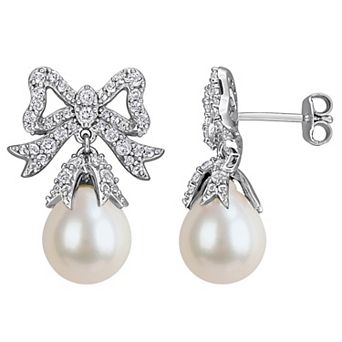 Stella Grace Rhodium Over Sterling Silver Freshwater Cultured Pearl & White Topaz Bow Drop Earrings