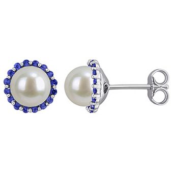 Stella Grace Rhodium Over Sterling Silver Freshwater Cultured Pearl & Sapphire Halo Stud Earrings