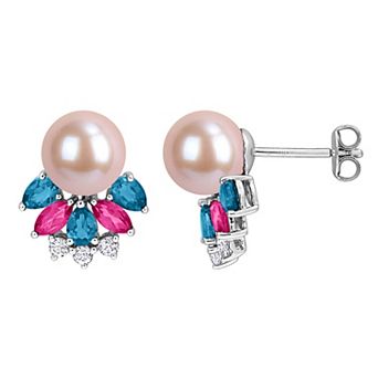 Stella Grace Rhodium Over Sterling Silver Pink Freshwater Cultured Pearl & Multi-Topaz Floral Drop Earrings