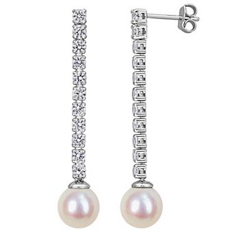 Stella Grace Rhodium Over Sterling Silver Freshwater Cultured Pearl & Lab-Created White Sapphire Drop Earrings