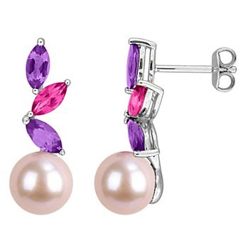 Stella Grace Rhodium Over Sterling Silver Freshwater Cultured Pearl, Amethyst-Africa & Pink Topaz Drop Earrings