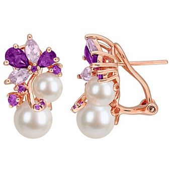 Stella Grace Rose Gold Plated Sterling Silver Freshwater Cultured Pearl, Amethyst-Africa & Rose de France Cluster Earrings