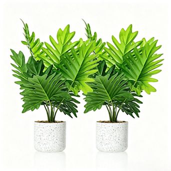 2 Pack Philodendron Fake Plants, 17.7" Artificial Plants Indoor in Pot with Cement Moss Base