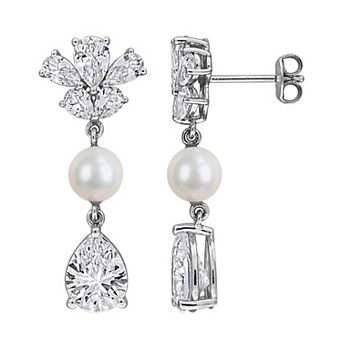 Stella Grace Rhodium Over Sterling Silver Freshwater Cultured Pearl & Lab-Created White Sapphire Cluster Drop Earrings
